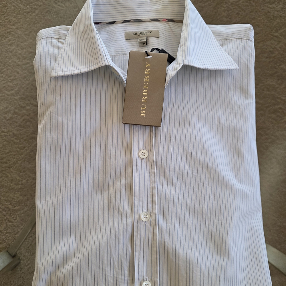 Burberry Men's White and Blue Pinstripe Dress Shirt